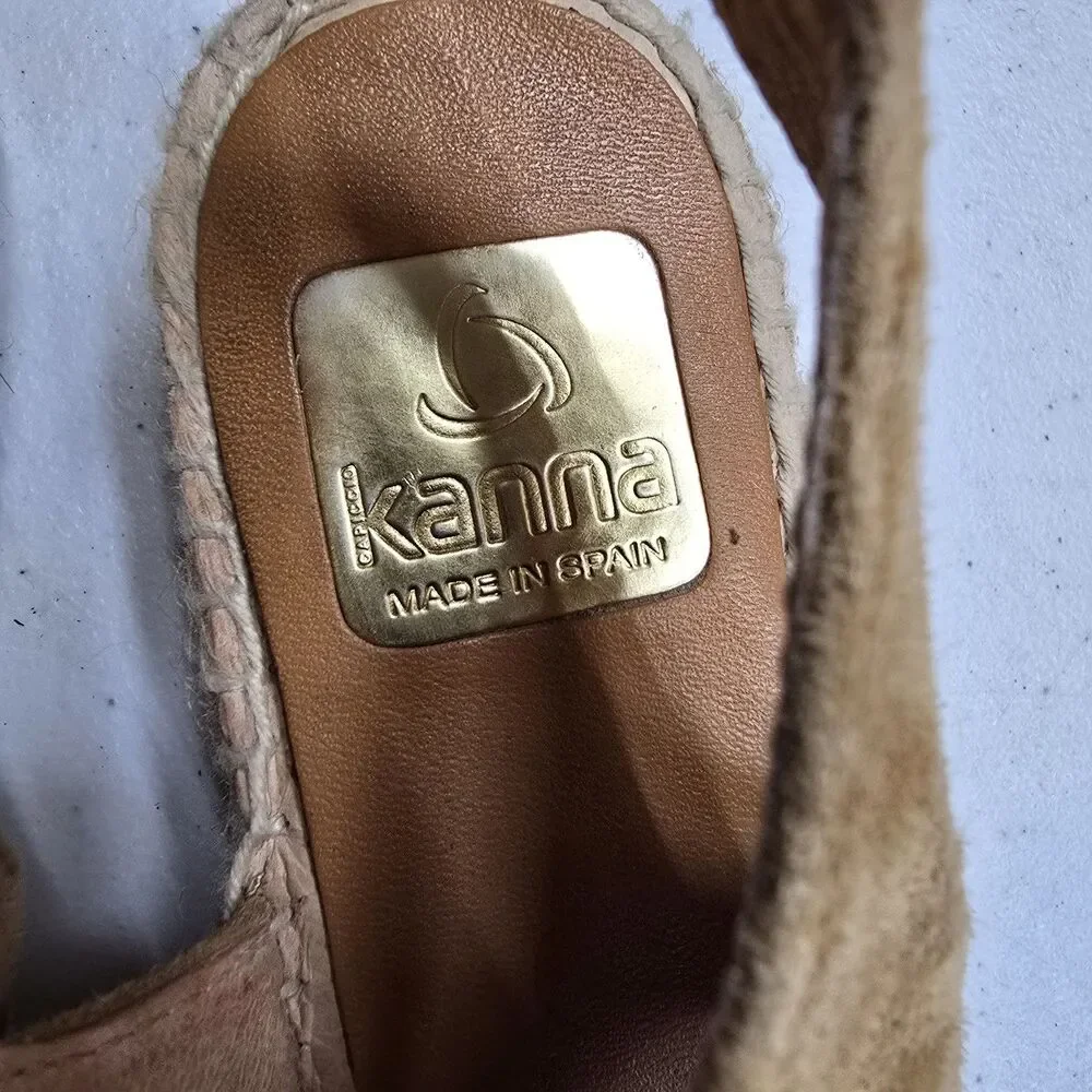 Kanna Tan Suede Espadrille Sling Back Wedge Sandal Peep Toe Spain Made 36 US 6